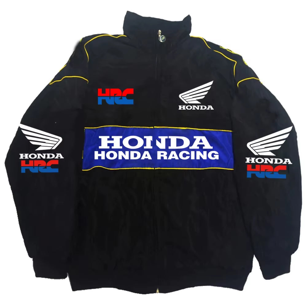 Men'S Winter Racing Jacket: Stand Collar Vintage Style with Custom Back Print, Logo Design & Windproof Features